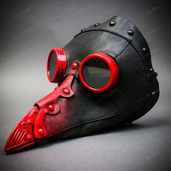 Black Steampunk Plague Doctor w/ RED Goggle Short Bird Beak Halloween Party Mask - Picture 2 of 6